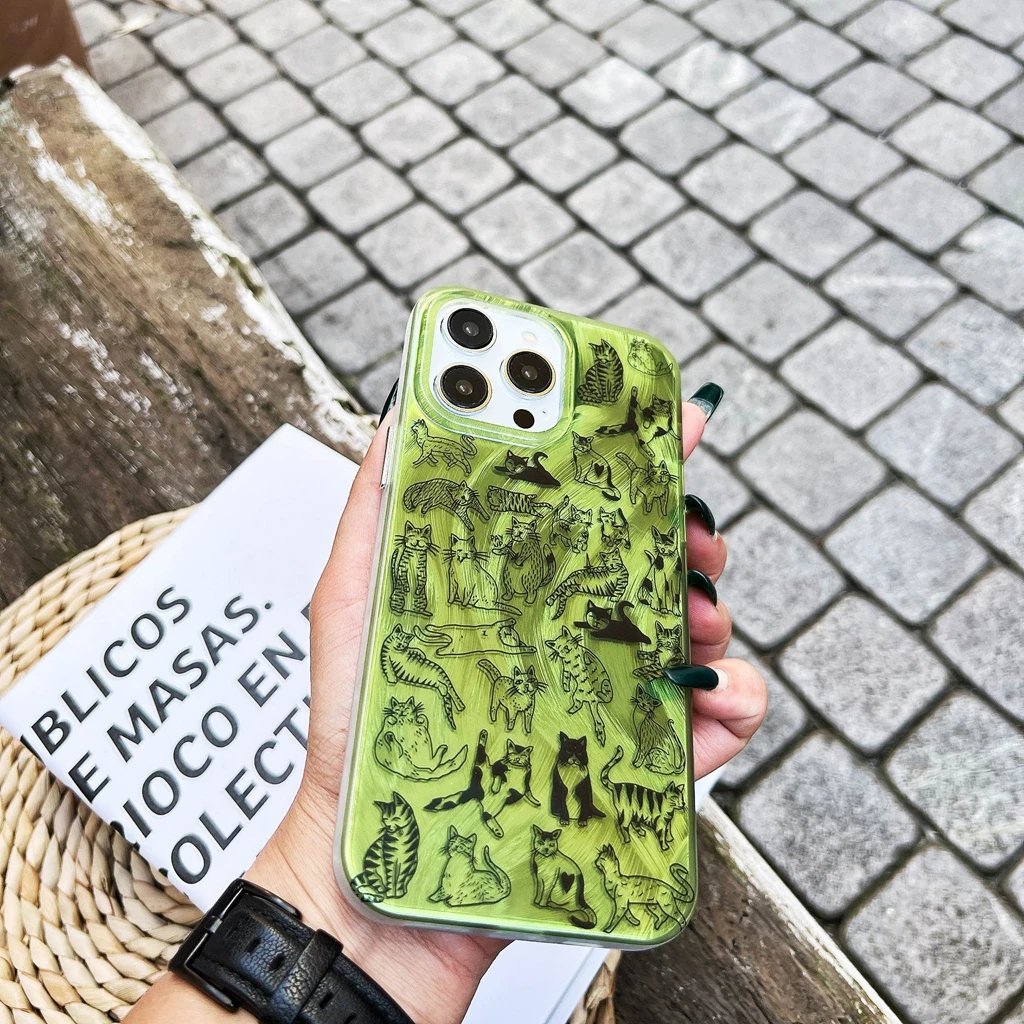 Green Retro Cute Graffiti Line Cat Phone Cover Case for iPhone 16 15 14 13 Pro Max