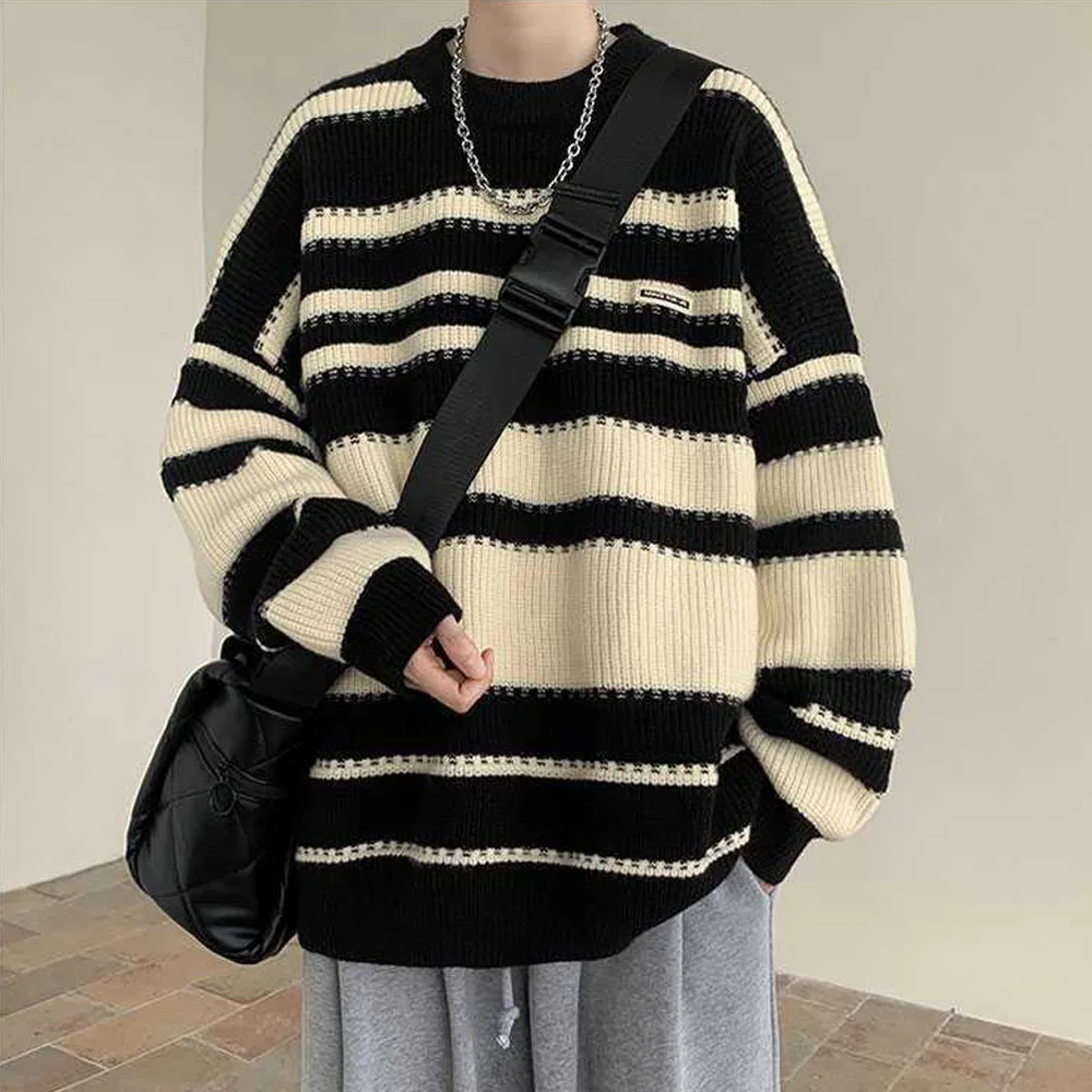 Men's Y2K Thick Knit Knitwear Striped Sweater Pullovers Couple Cold Blouse Tops Women Korean Winter Autumn Clothes Sweatshirts