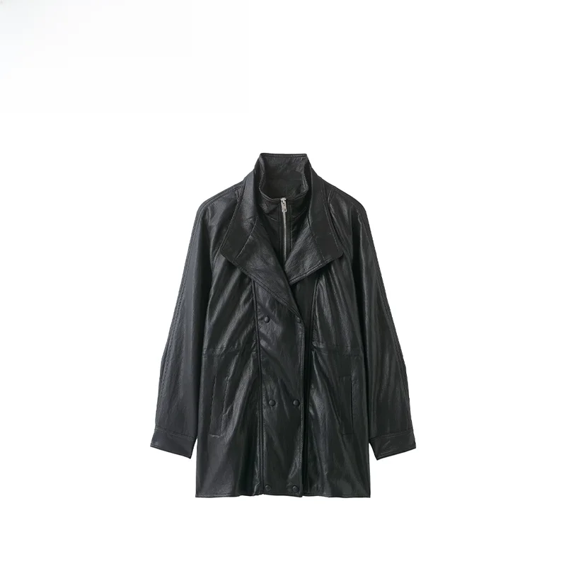 Faionable cor pura couro jaet outerwear feminino zr outono novo sle versátil design simples quali couro sintético