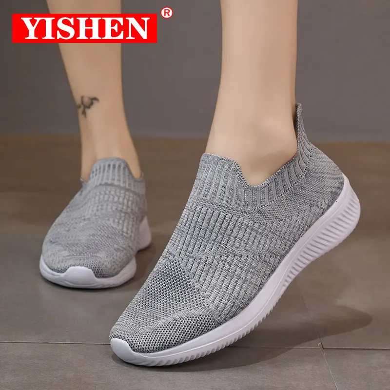 

Кроссовки YISHEN женские на платформе, Вулканизированная подошва, без шнуровки, вязаные лоферы, лоферы