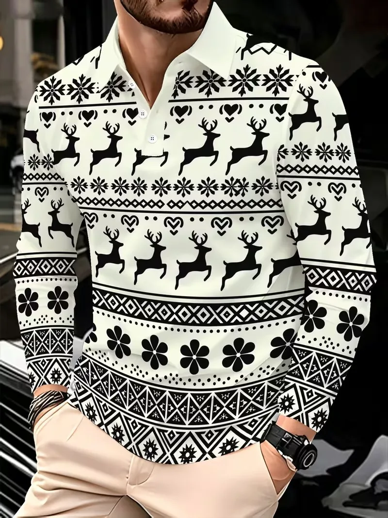 2026 autumn and winter Christmas new men's casual long sleeved POIO shirt, with a stylish POIO top with a collar and buttons
