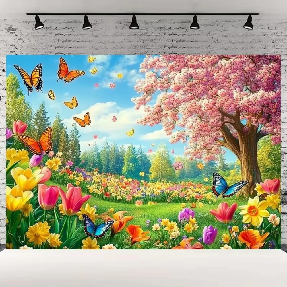 Spring Grassland Butterfly Bird Vibrant Theme Banner Decoration Background, Birthday Party, Home Decoration Photography Backdrop