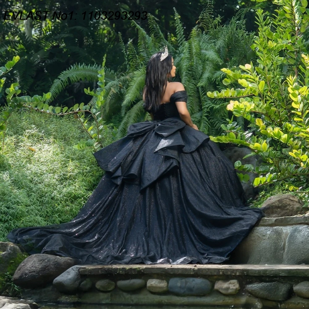 فستان Quinceanera أسود لامع مخصص من EVLAST مزين بالكريستال ومشد مطرز حلو 16 فيستدوس دي 15 أنوس E1QN641