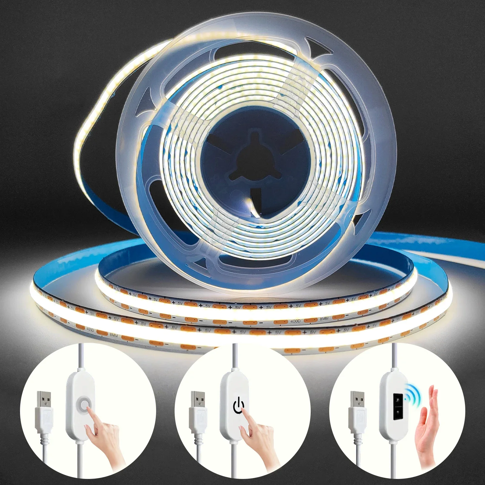 5V COB LED Light Strip Touch Hand Sensor Push Switch Control Flexible Linear Tape for Bedroom Kitchen Wall Cabinet DIY Lighting