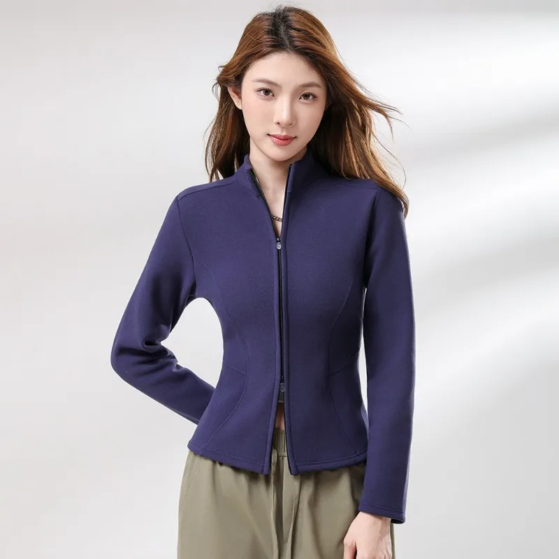 Jacket for Women Warm Windproof Stand-up Collar Zip Up Fleece Hooded Sports Jacket High Stretch Sporty Slim-Fit Thickened Coat