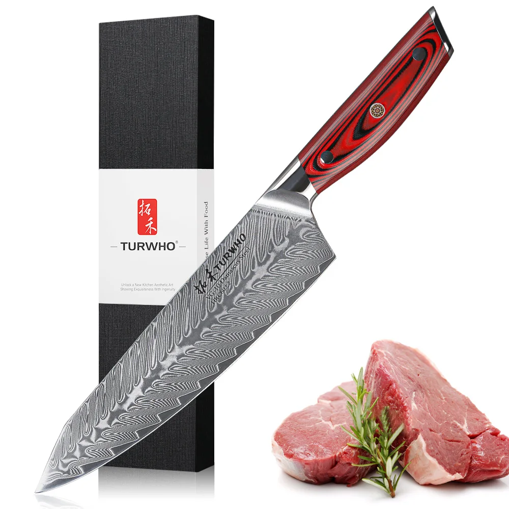 TURWHO 8.2 Inch Chef's Knife 67 Layers Damascus Steel Japanese Meat Cleaver Kitchen Slicing Knife Cooking Tool Red VG10 Handl