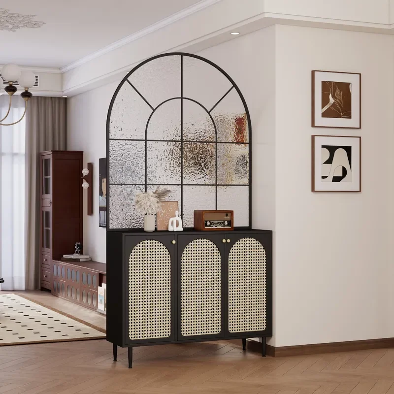 Retro French Style Glass Shoe Cabinet with Screen Partition Integrated Entrance Storage Sideboard Medium Ancient Design