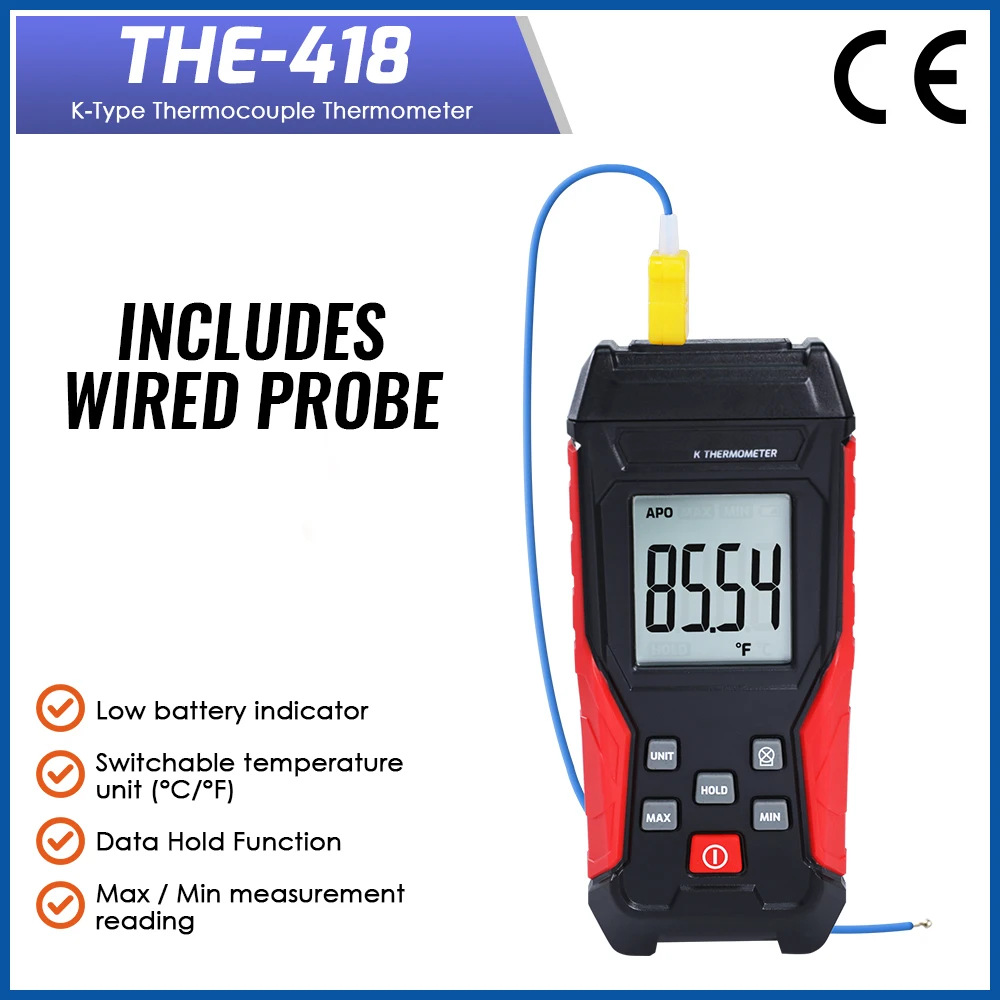 Termometro digitale tipo K con 2 termocoppie (cablato e acciaio inossidabile) Termometro HVAC a canale singolo Misuratore industriale