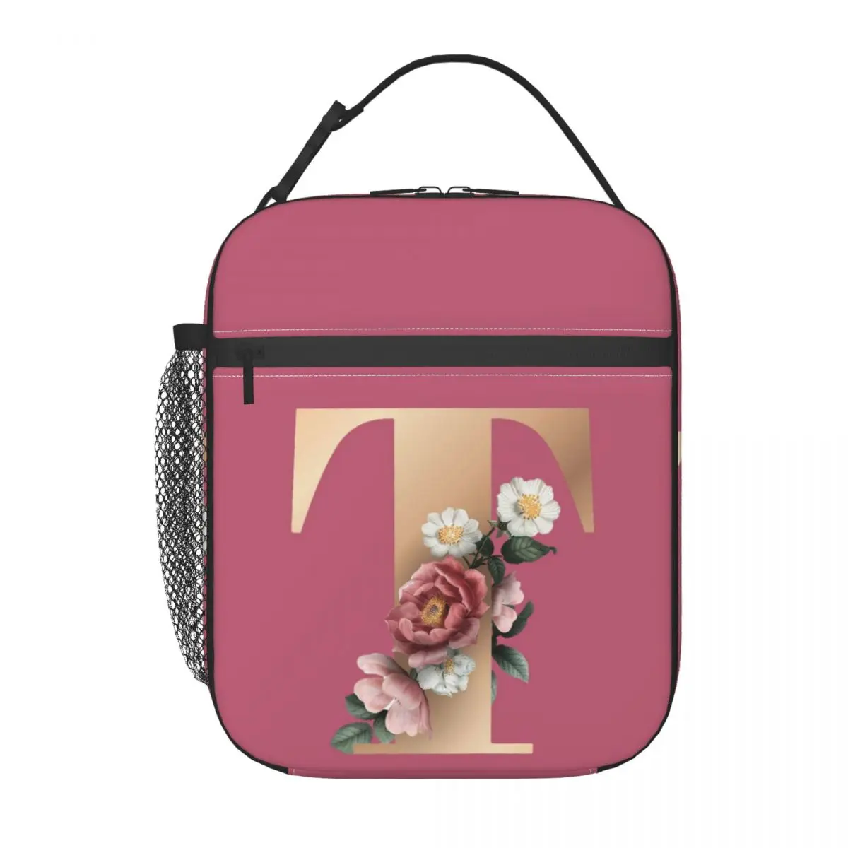 

Gold Alphabet T Print Lunch Bag Flower Travel Lunch Box For Women Casual Print Thermal Lunch Bags Oxford Insulated Cooler Bag