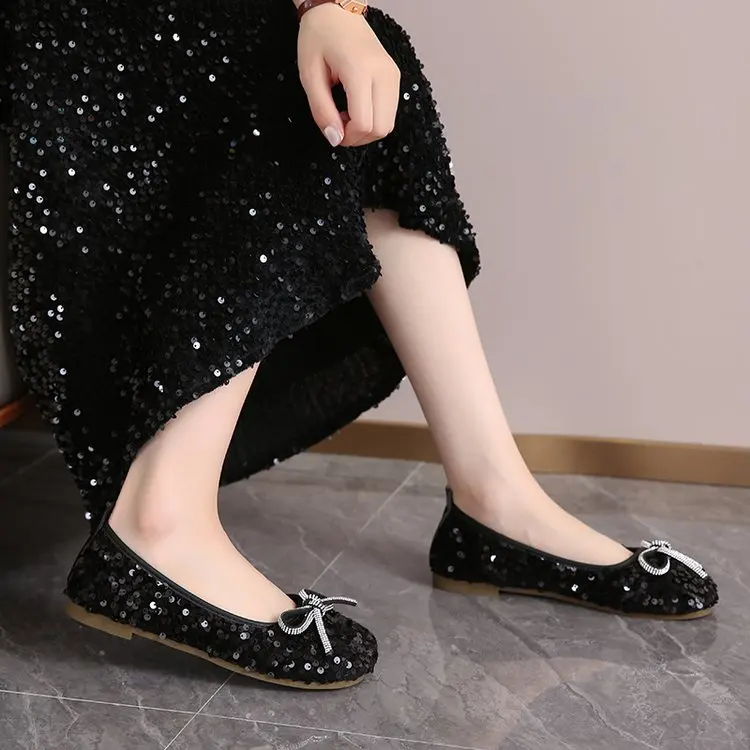 2026 Damen Glitzer-Ballerinas Lässige Gehschuhe Frühling Neu Runde Zehenkappe Schleife Modische Marken-Kleiderschuhe Zapatillas Mujer – Detail 22