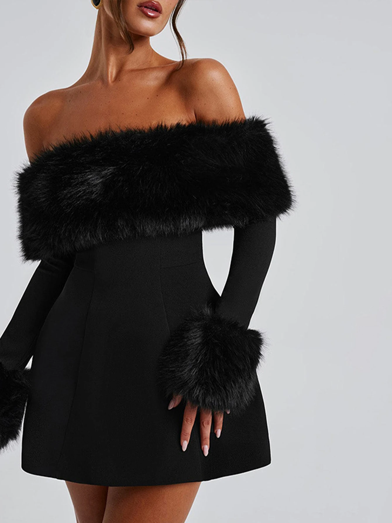 Elegantes, langärmliges, schulterfreies Minikleid für Damen, französischer Chic, einfarbig, Party, Herbst, sexy