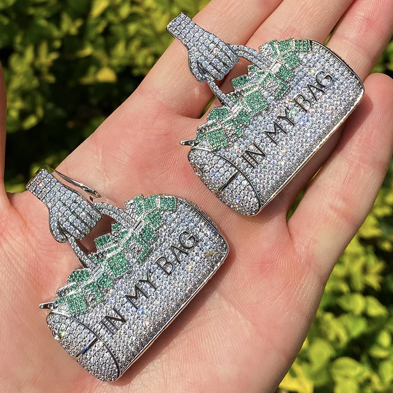 

Hip Hop 5A+ CZ Stone Paved Bling Iced Out Dollars IN MY BAG Pendants Necklaces for Men Rapper Jewelry Green Silver Color