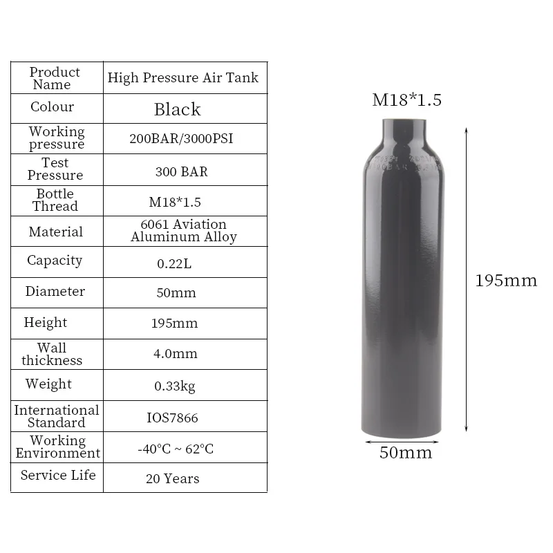 Imagem -04 - Cilindro de Gás o Hpa Tanque do ar Encaixes do Mergulho do Aquário Estação do Mergulho Autônomo 200bar 3000psi M18 1.5 0.22l 0.3l de Alta Pressã
