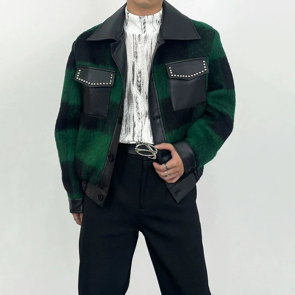 

Jacket Mens Autumn And Winter New Fashion Retro Plaid Pu Leather Splicing Advanced Design Handsome Loose Casual Y2k Jacket Men