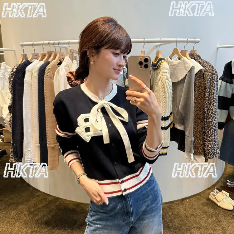Spring Autumn New Japanese Chest Embroidery Color-Block Sweater Coat Women Satin Ribbon Bow Tie College Style Knitted Cardigan