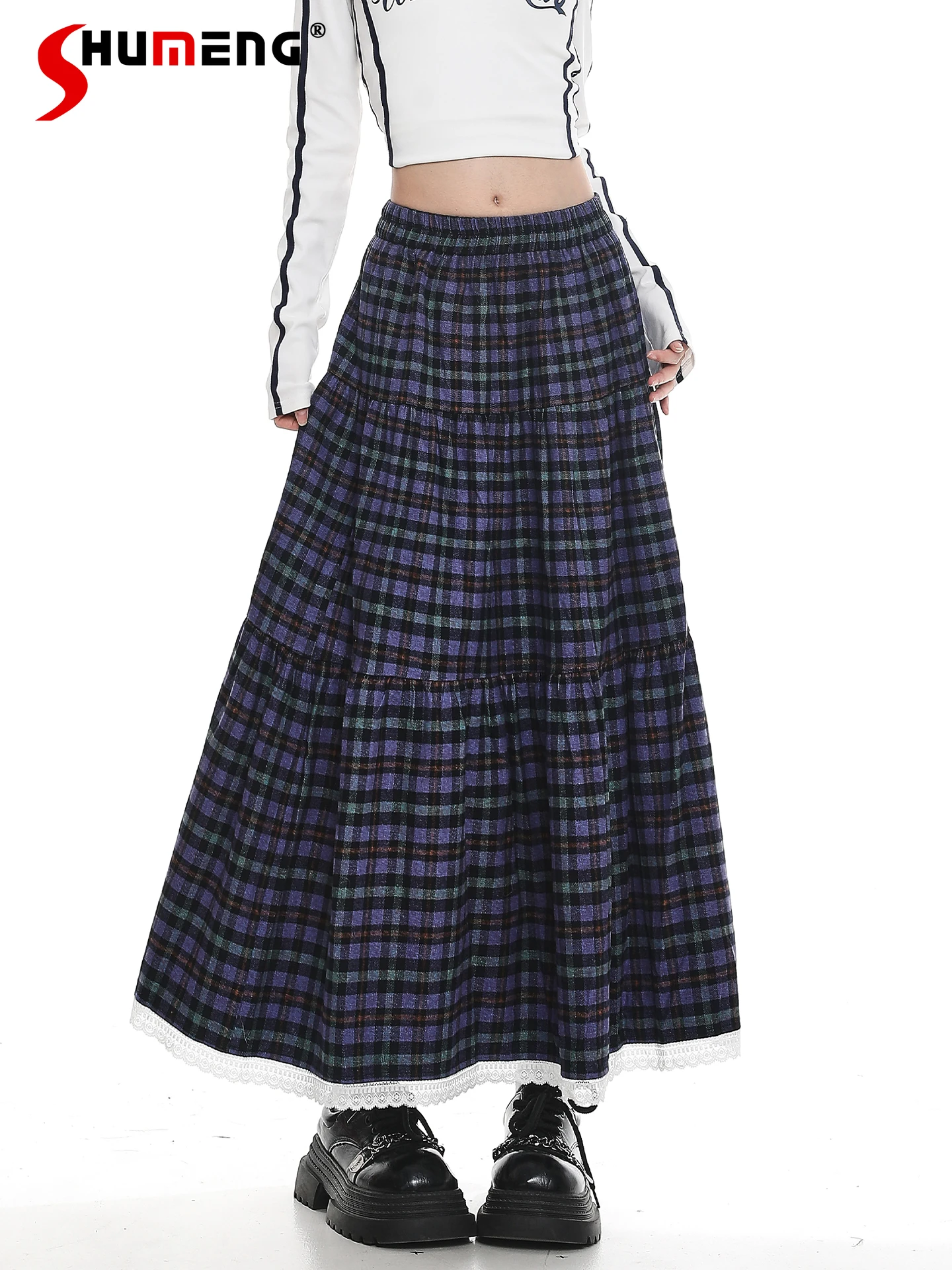 

American Fashion Retro Spliced Lace Plaid Y2K Skirts Elastic High Waist Versatile Casual A-line Long Skirt for Women Autumn