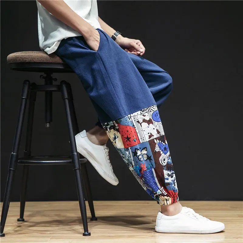 Chinese Style Cotton Linen Trousers 2024 Summer New Men's Trendy Loose Spliced Printed Elastic Drawstring Casual Harlan Pants