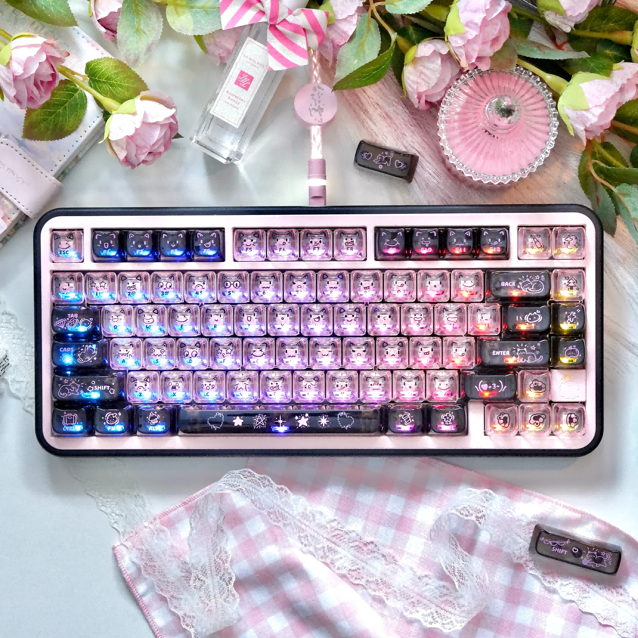 MAIMOOO Transparent Cat Keycap MAO Black Powder Graffiti PC Transparent Cute Gift Customization Aula Keyboard Keycap