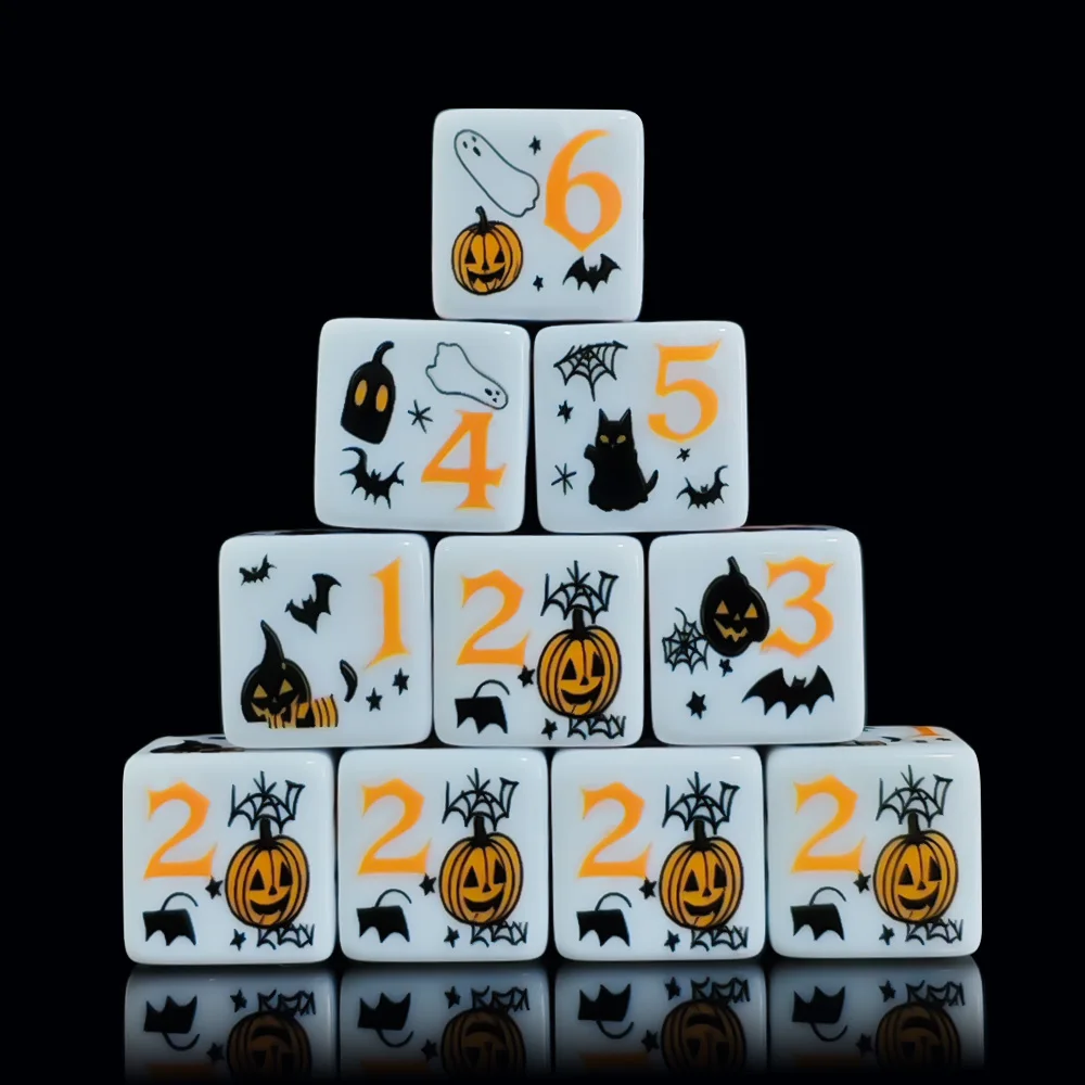 12Pcs 16MM White Acrylic Printed D6 Dice Halloween Pumpkin Ghost Bat Pattern 6-Sided Square DND Dice Tabletop RPG Party Game