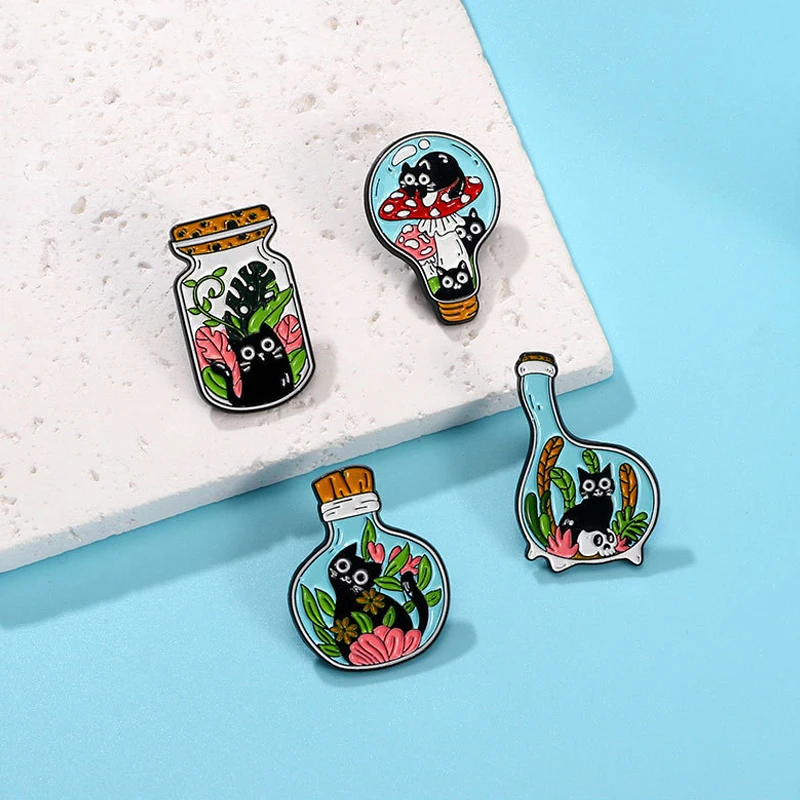 Cartoon Black Cat Bottle Enamel Brooch Water Grass Mushroom Bulb Glass Jar Cute Black Cat Metal Badge Punk Lapel Pins Jewelry