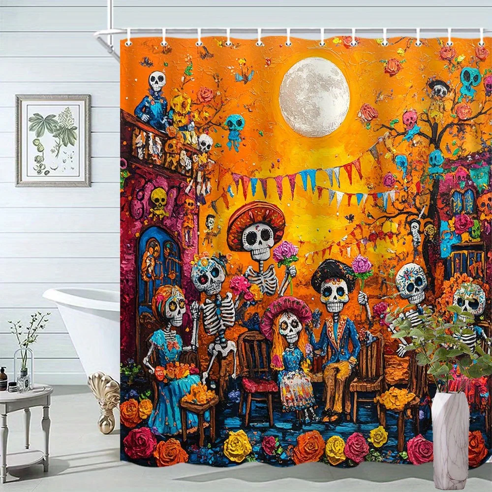 Day of the Dead Couple Shower Curtain - Vibrant Mexican Folk Art with Skeletons in Floral Skirts, Sombreros & Mariachi Band