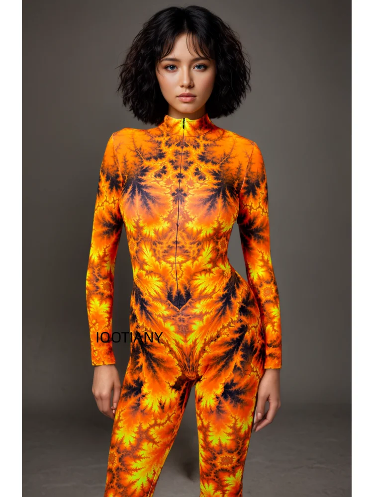 Damen Retro Orange Flammen-Jumpsuit für Musikfestivals, Bühnentanz, Halloween-Party, Cosplay, Bodysuit mit schmal geschnittenen Schlaghosen – Detail 3