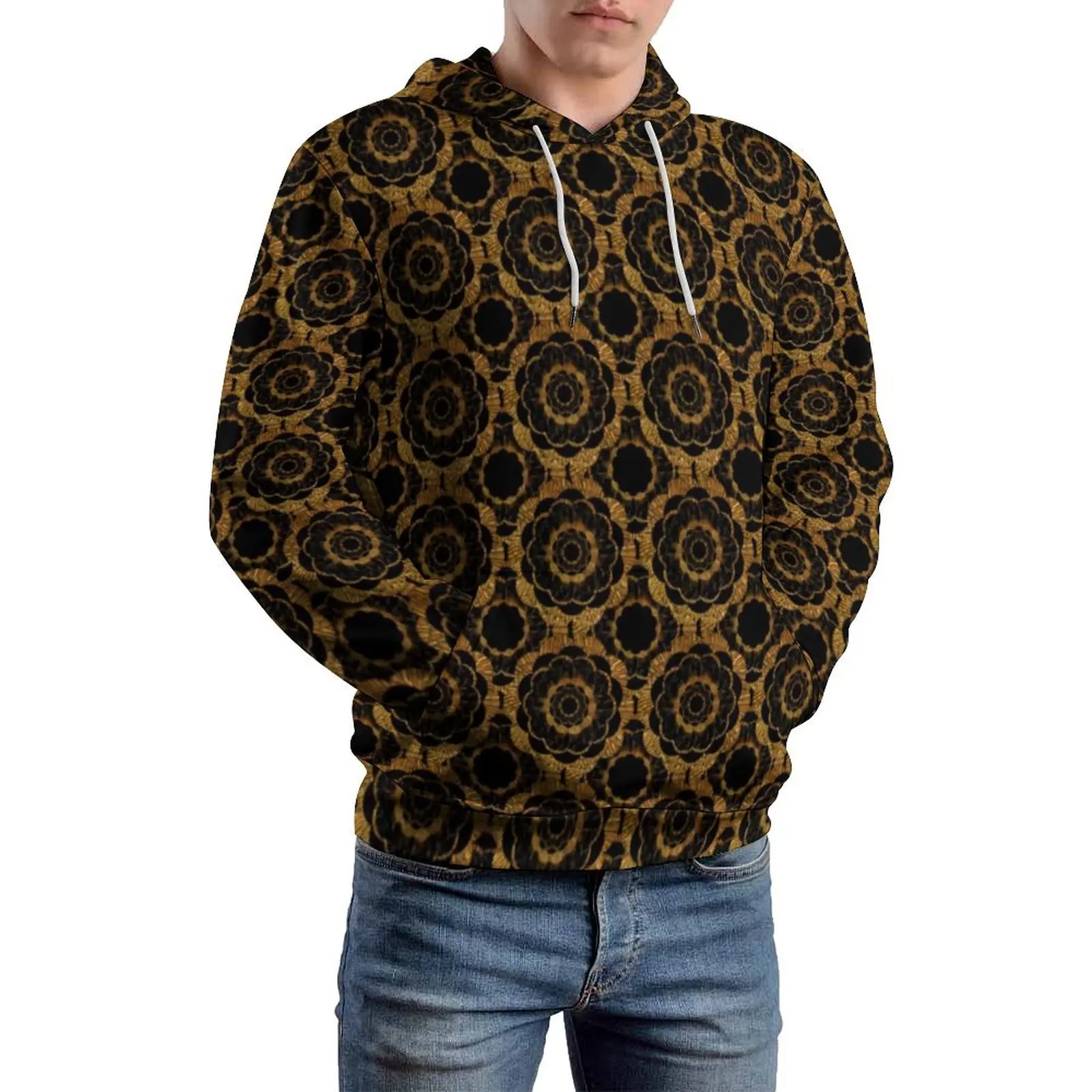 Retro Mandala Casual Hoodies Gold Floral Print Street Wear Hoodie Men Long Sleeve Cute Pattern Top Plus Size 5XL 6XL