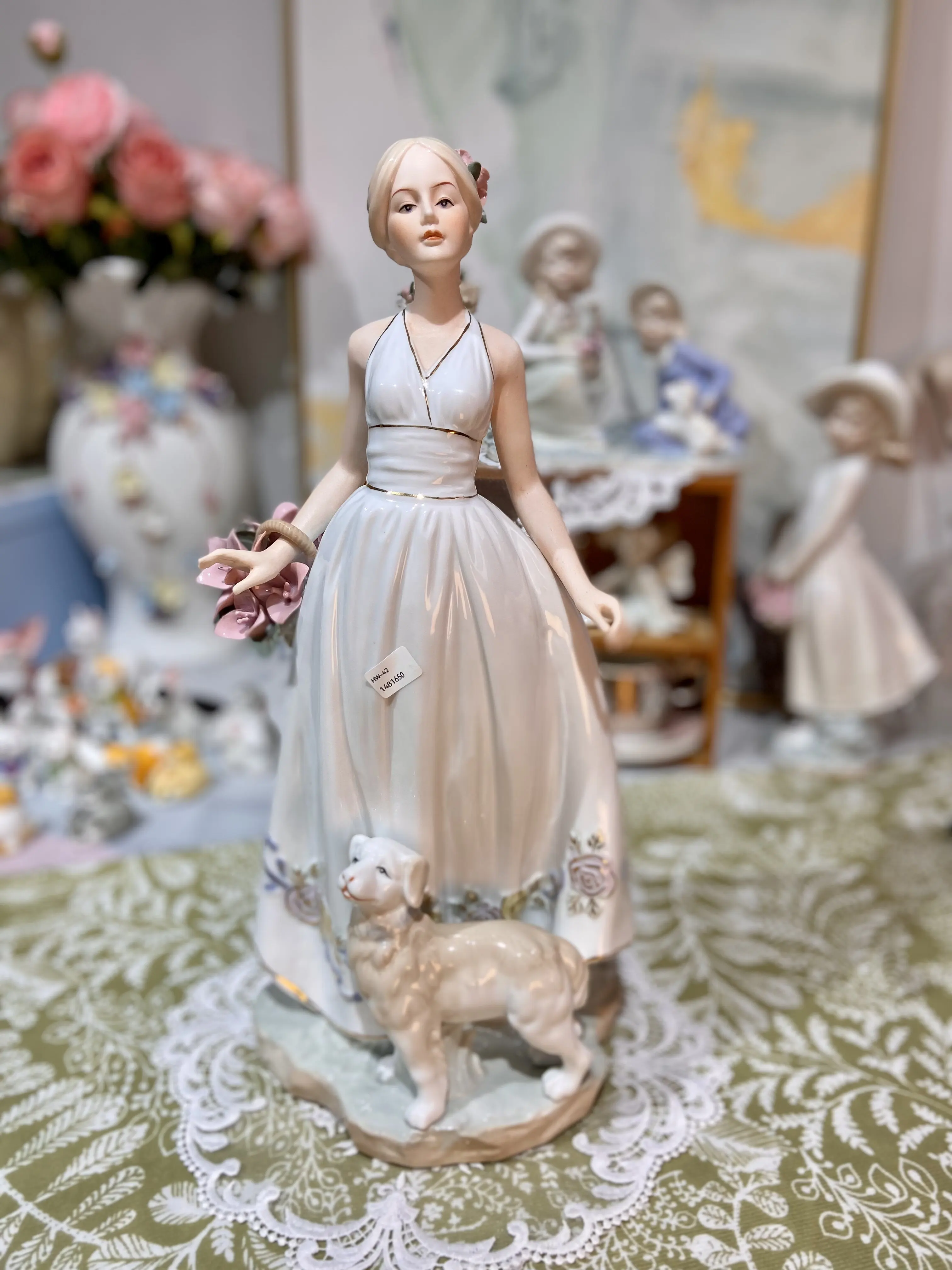Vintage Beautiful Girl Sculpture Elegant Lady with Pale Pearl Long Skirt Holding Flower Accompanied By Little Lamb Home Decor