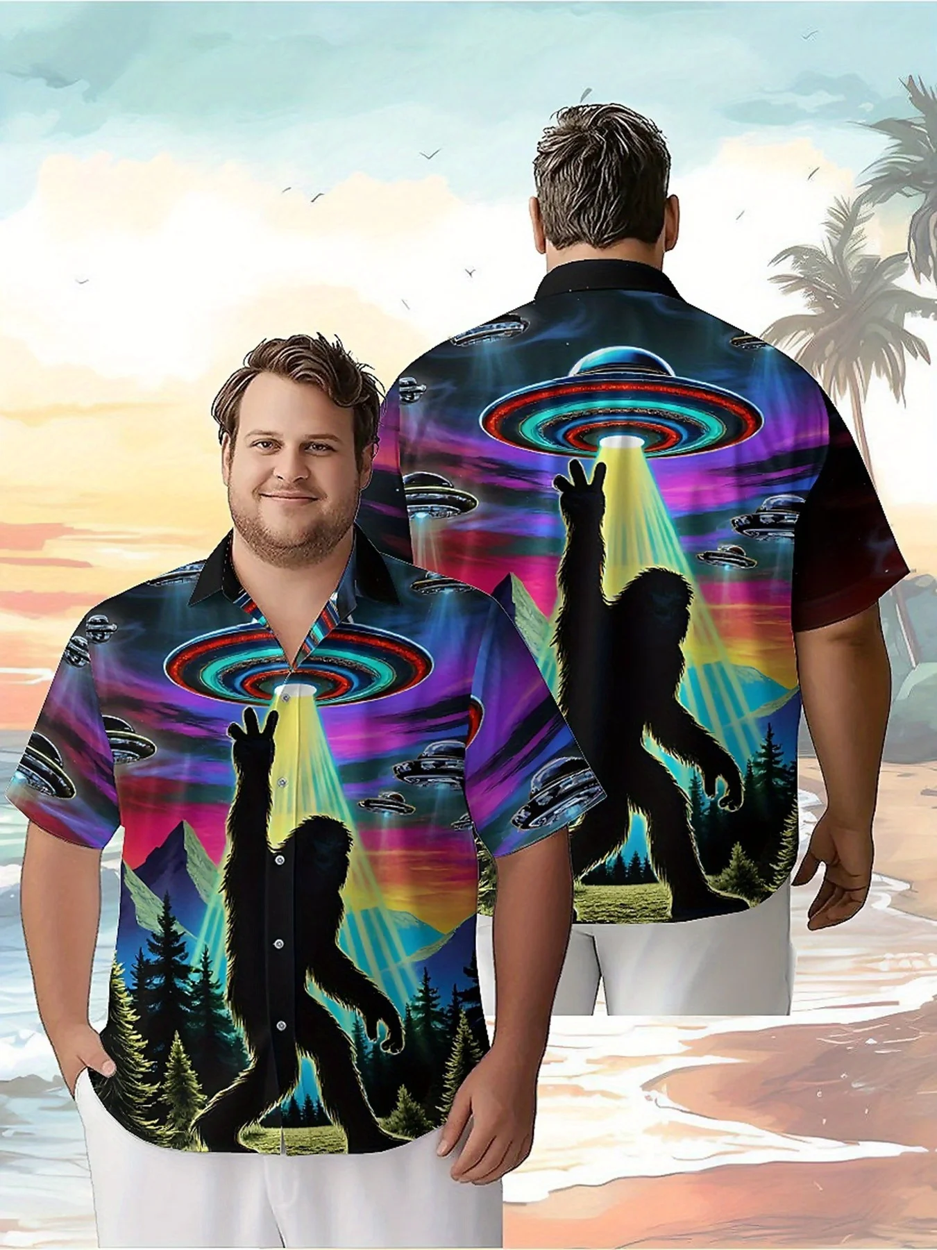 

Men's Plus Size Hawaiian Shirts Alien UFO Pattern,Unisex Baggy Aloha Shirts,Alternative Clothing