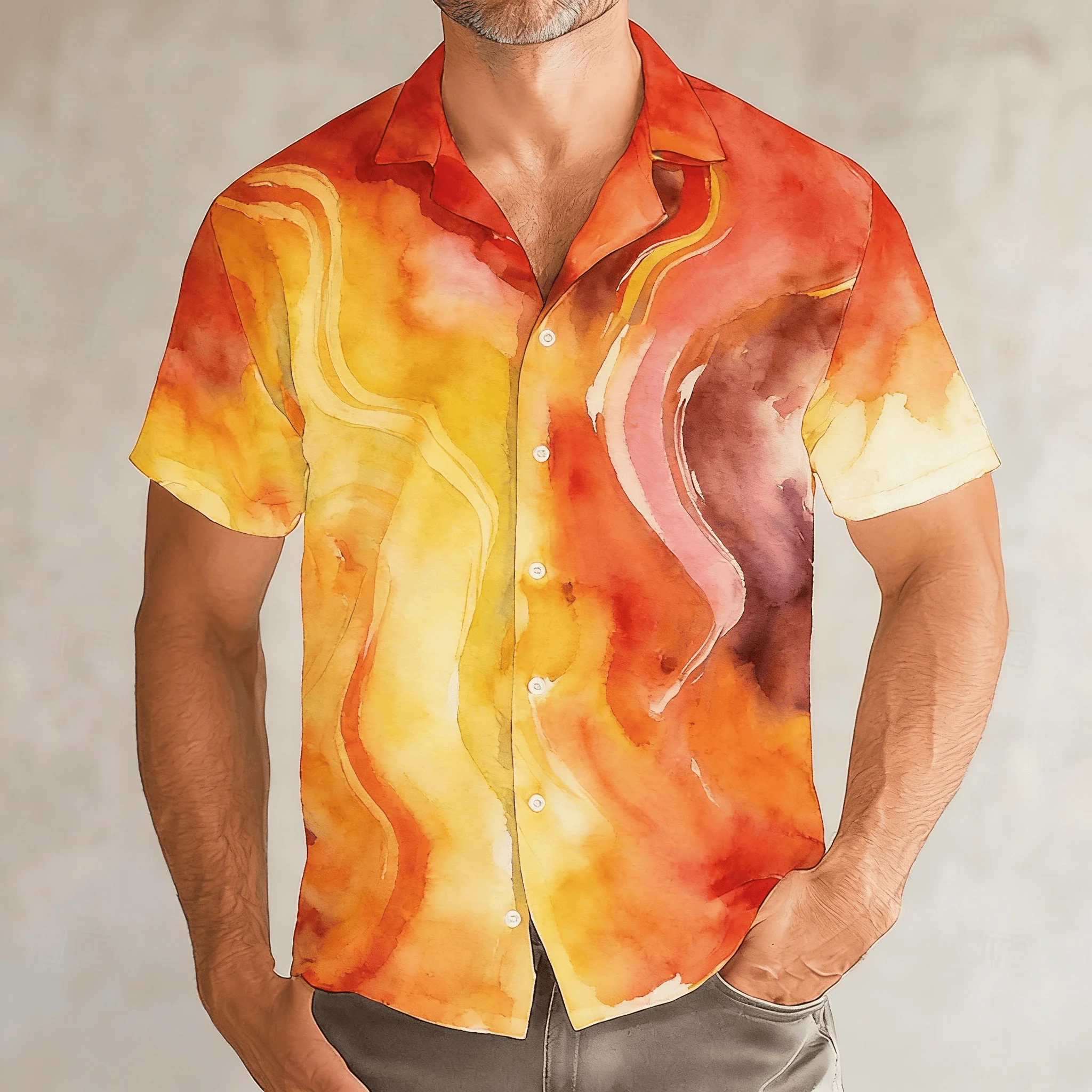 

Men's Flame Gradient Print Short Sleeve Shirt, Spring Summer Cool Trend Casual Top, Pocket Lapel Style