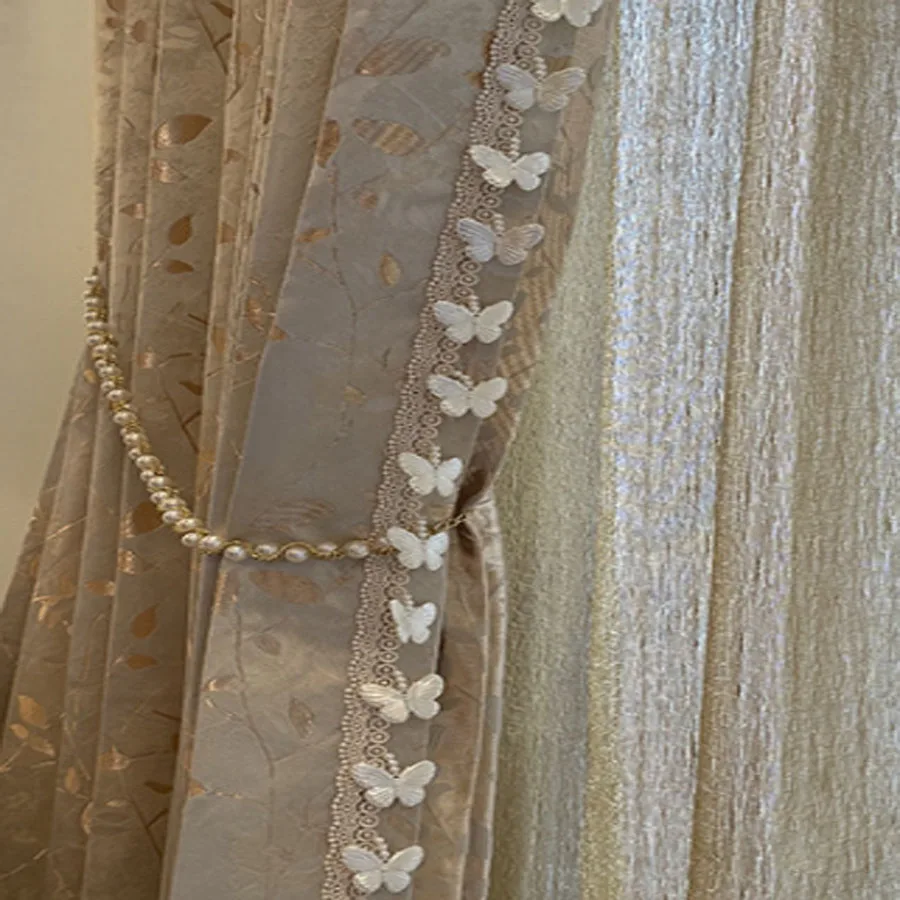 New Gold Leaf Butterfly Luxury Curtain for Living Dining Room Bedroom Blackout Champagne Thread Splicing White Tulle Elegant