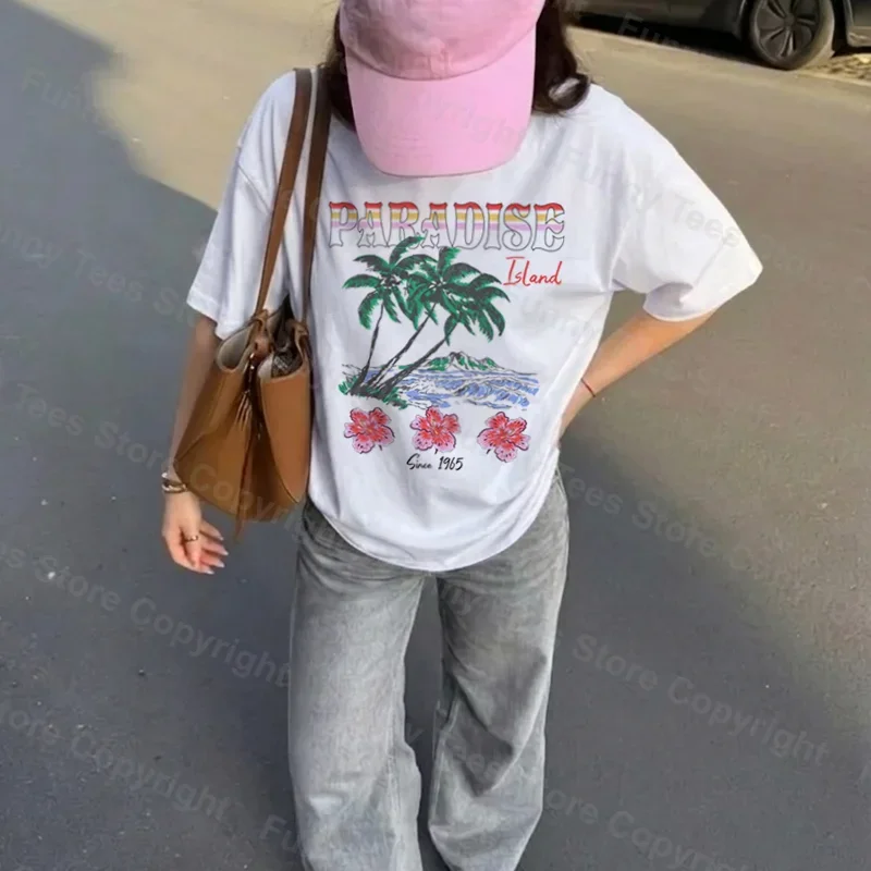 Summer Retro Paradise Island Graphic Tees Women Tropical Beach T Shirt Hibiscus Flower Palm Tree T-Shirt Oversized Vacation Tops