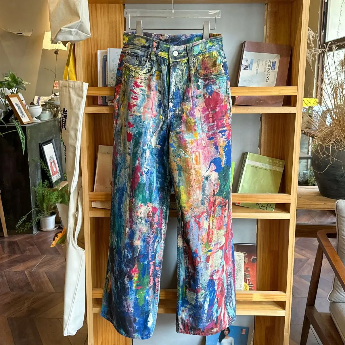 Color printing new design printing straight color palette splashing ink  women's oil painting jeans trousers loose style