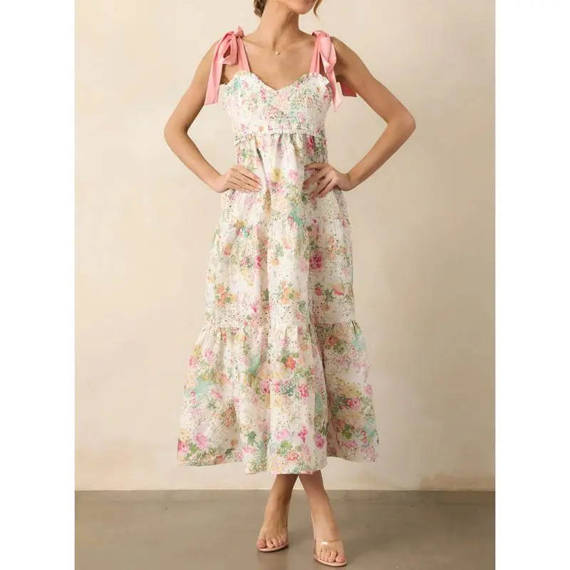 Combhasaki Donna Estate Spalline larghe Stampa floreale Cravatta con volant Scollo a V Smocked Patchwork Swing Flowy A-line Abito lungo dal carro armato