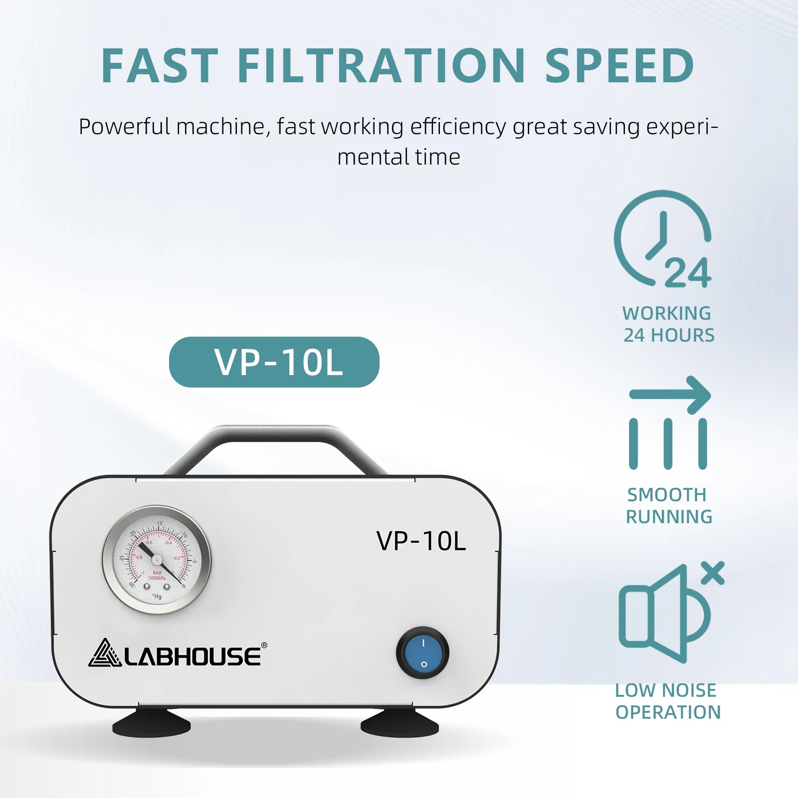 LABHOUSE Lab Vacuum Filtration Pump VP-10L, 10L/min, Negative Pressure Oil-free, Diaphragm, Portable, Fixed Pressure, Rubber Tube Included, for Lab Vacuum & Filtration