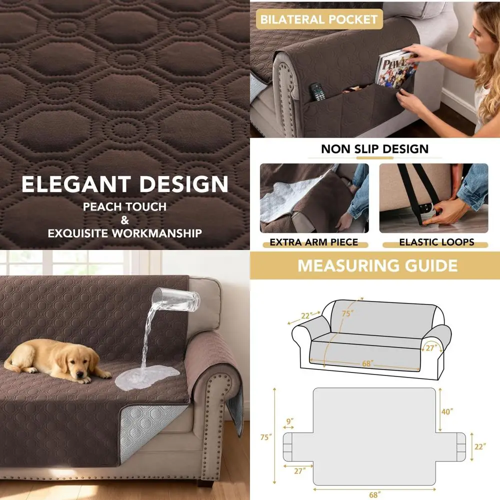 

Pet-Friendly 100% Waterproof 3-Cushion Sofa Cover - Thick, Soft, Washable, Non-Slip Furniture Protector with Elastic Straps, Bro