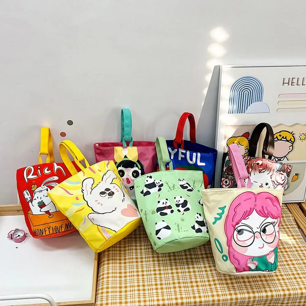 Panda Cartoon Canvas Bucket Bag Cartoon Girl Strawberry Canvas Cat Shoulder Bag All-match Lunch Bag Rabbit Print Handbag