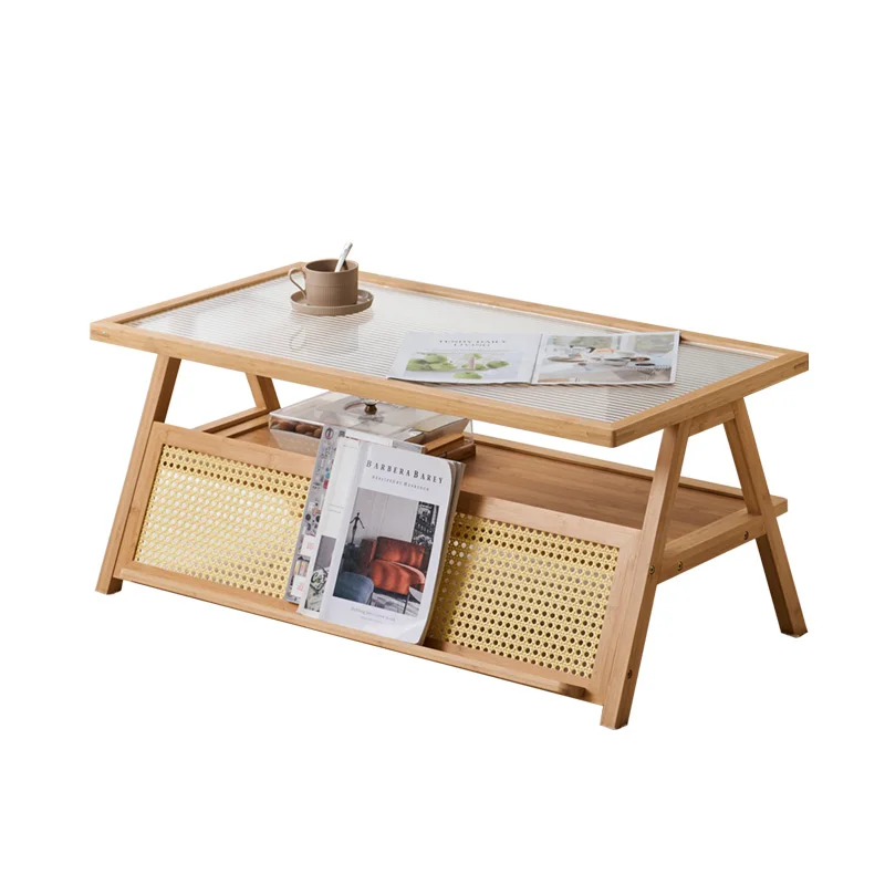 

*New design 2-tier Glass tea table rattan woven home coffee table bamboo living room furniture