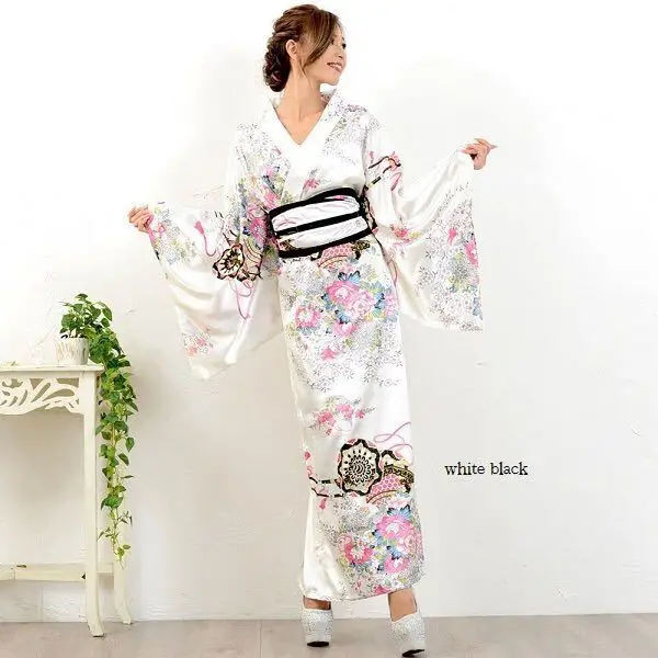 Female Japanese Kimono Bathrobe Gown V-neck Satin Evening Party Prom Gown Vintage Cosplay Costume Full Sleeve Gown