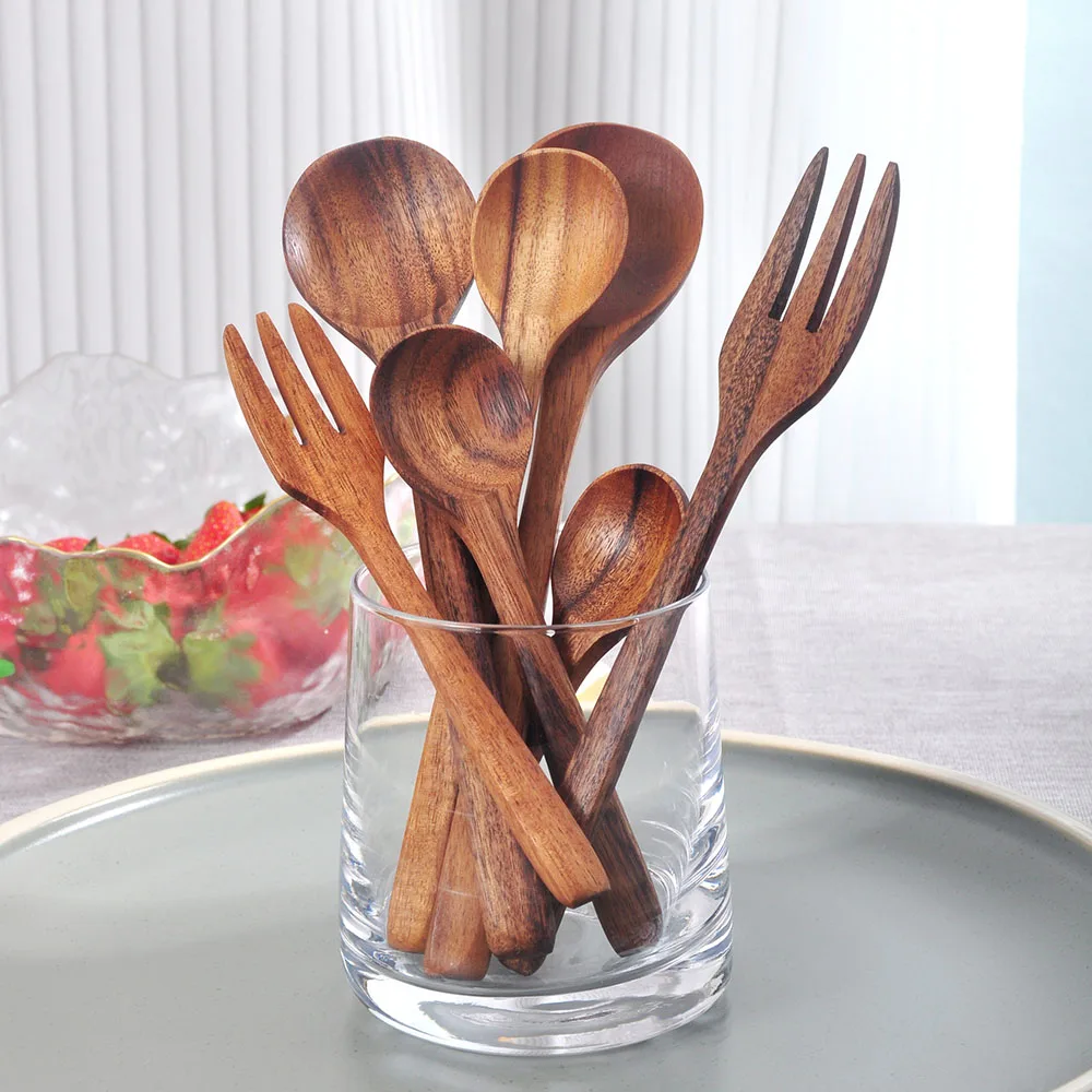 

7pcs Japanese Style Wooden Spoons Forks set Soup Spoon Ramen Fork Salad Desserts Cereal Spoon Tea Spoon Eco-friendly Kitchenware