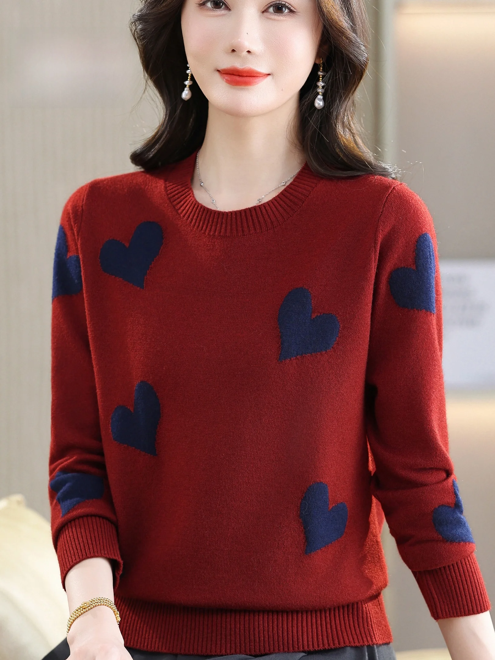 

Love Pattern Knitted Sweater Women's Overhead round Ne Woolen Base irt Large Size Faionable Winter Warm Top for ly