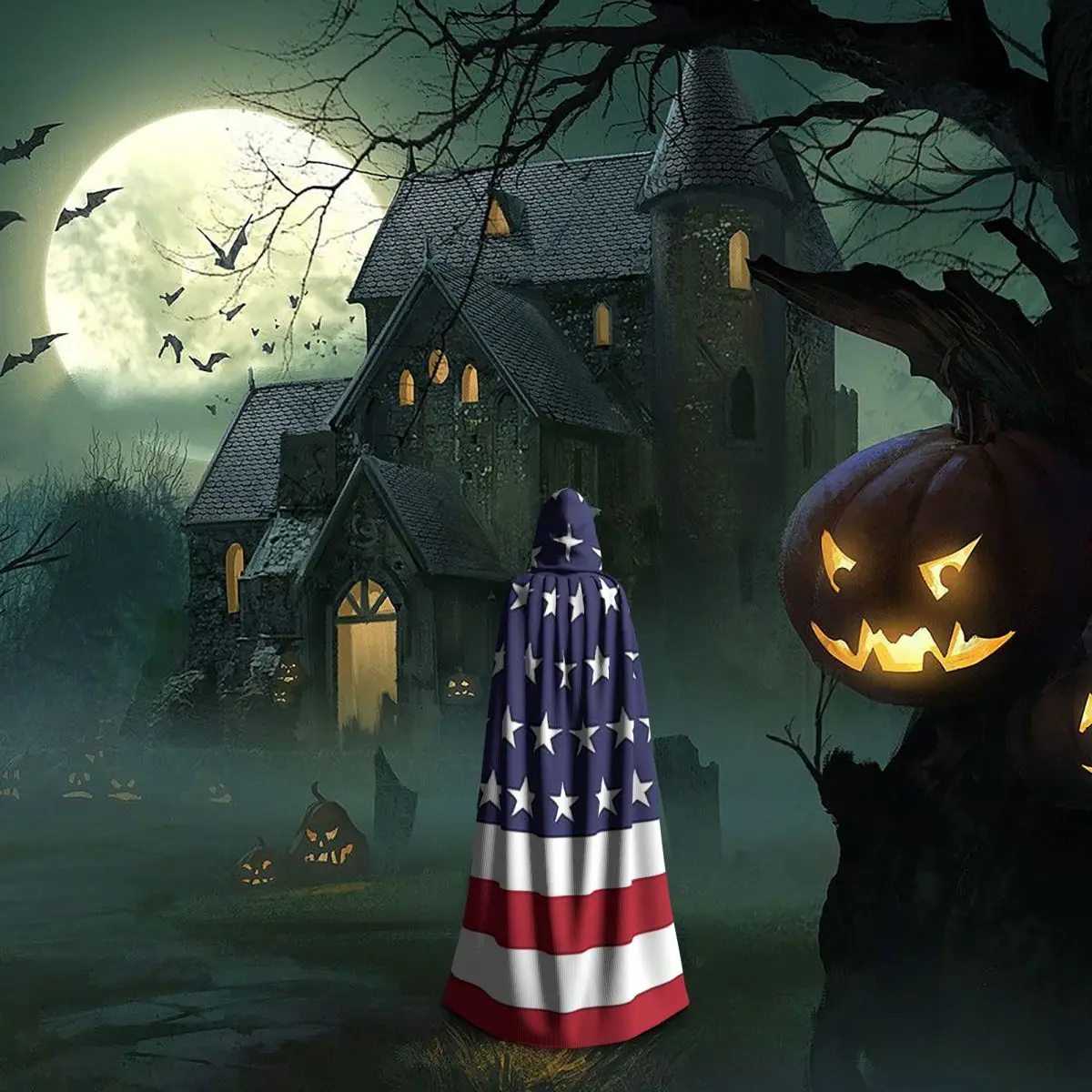 American Flag Graphic Design Long Hooded Cloak Witch Medieval Costume Cosplay Cape HalloweenVampire Adult Unisex