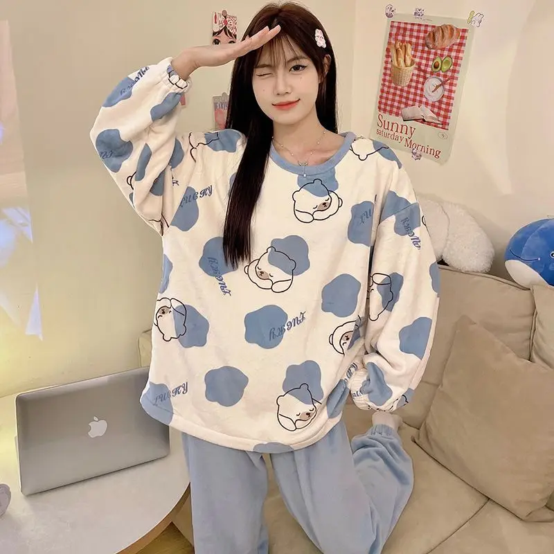 Round Neck Cartoon Pajamas Autumn Winter Fleece-Lined Warm Women's Sleepwear Set Student Sweet Flannel Loose Homewear Suit 2024