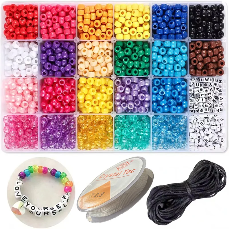 6x9mm Large Hole Plastic Acrylic Bucket Beads Kits 24 Colour Loose Charms DIY Jewelry Making Craft Tassel Decoration Accessories