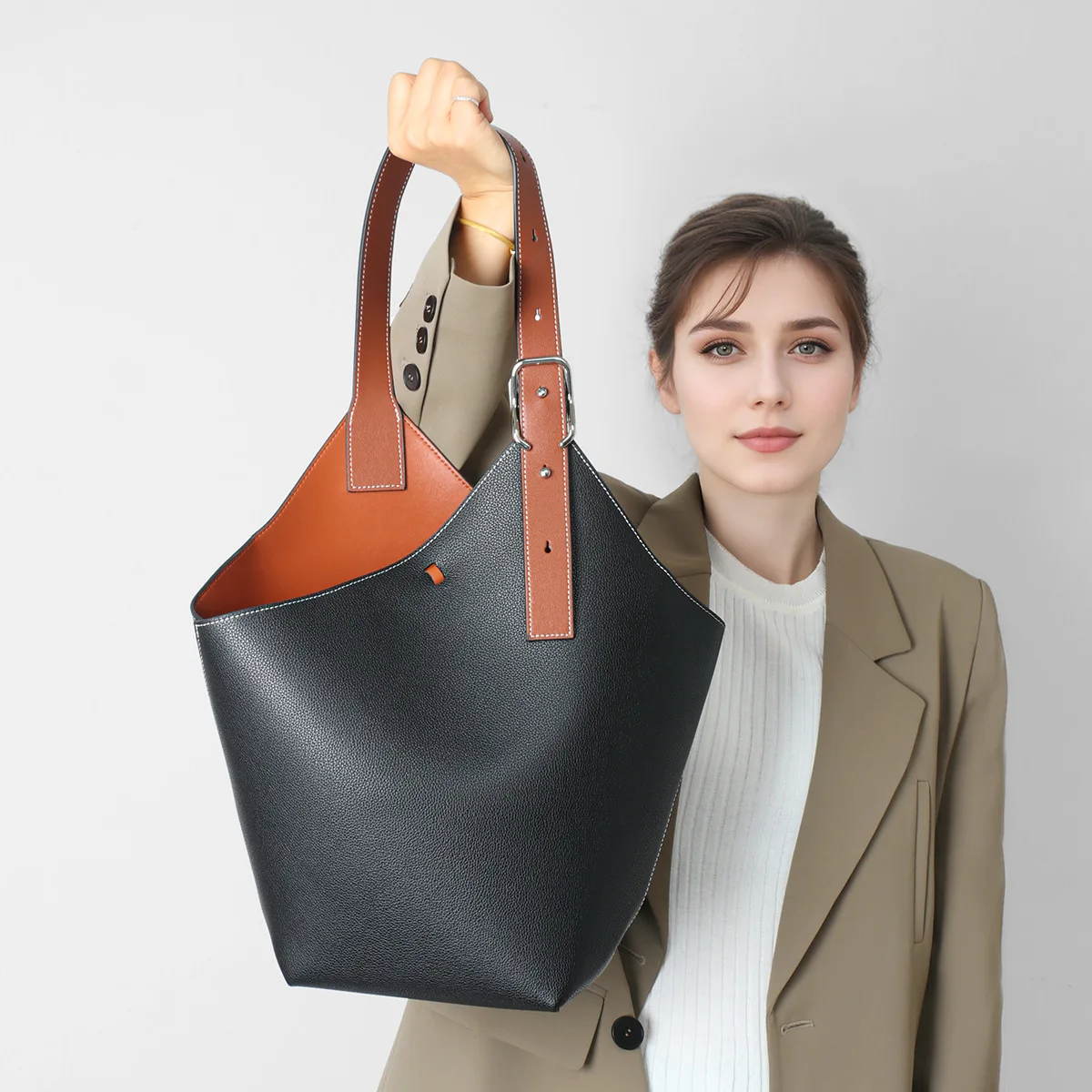 Large Capacity Women's Hot-selling Design Color-block Handbag Bucket Genuine Leather Tote Bag Female Top Handle Top-handle Bags