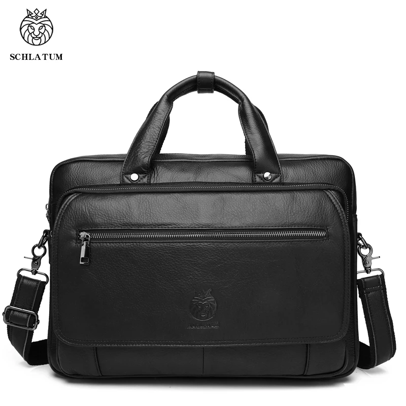 SCHLATUM-Pastas De Couro Genuíno Para Homens, Bolsa De Ombro Do Mensageiro, Business Totes, Bolsa, 15,6"