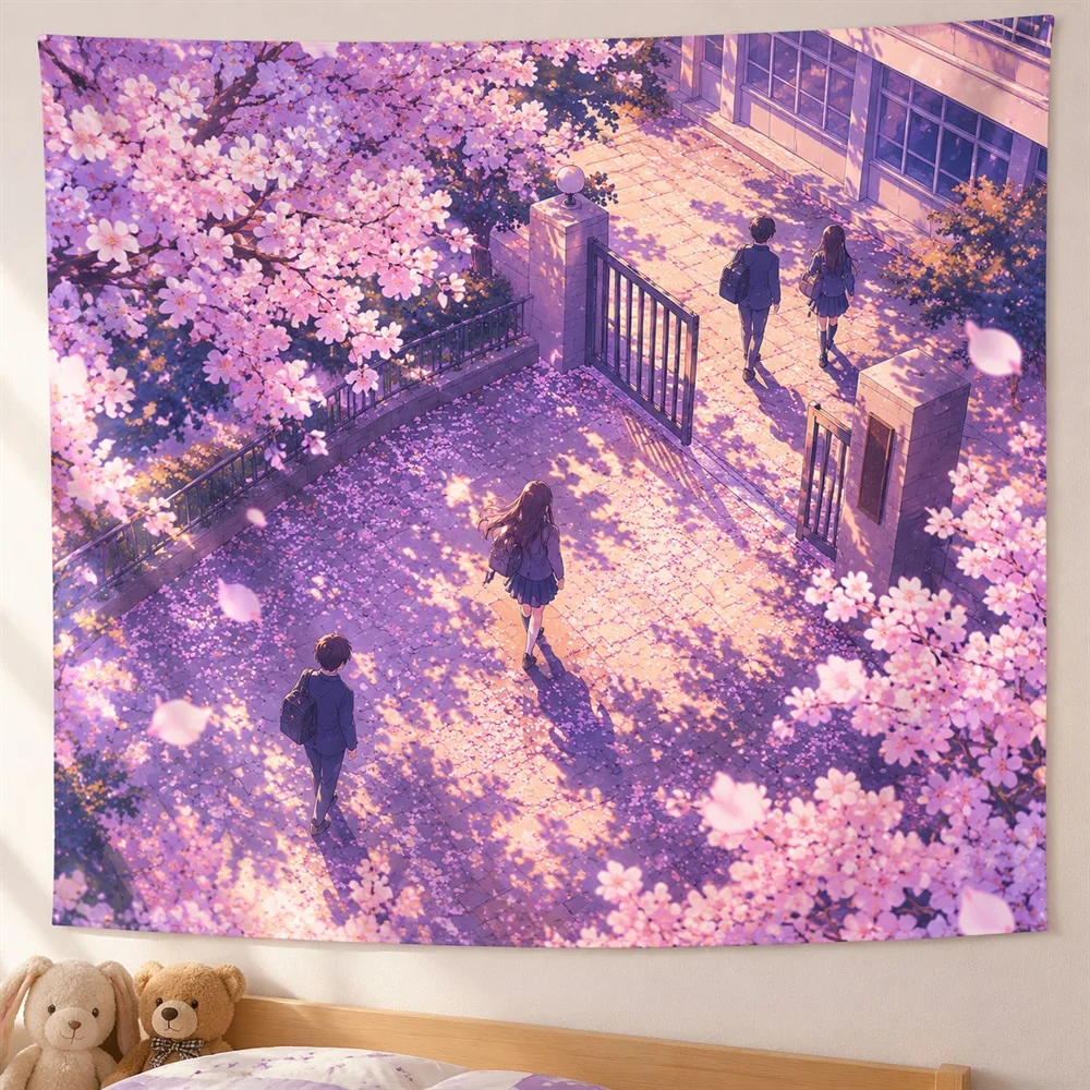 VIKAMA Graduation Sakura Anime Tapestry Wall Hanging, Aesthetic School Anime Room Decor Tapestries for Bedroom Study Living Room