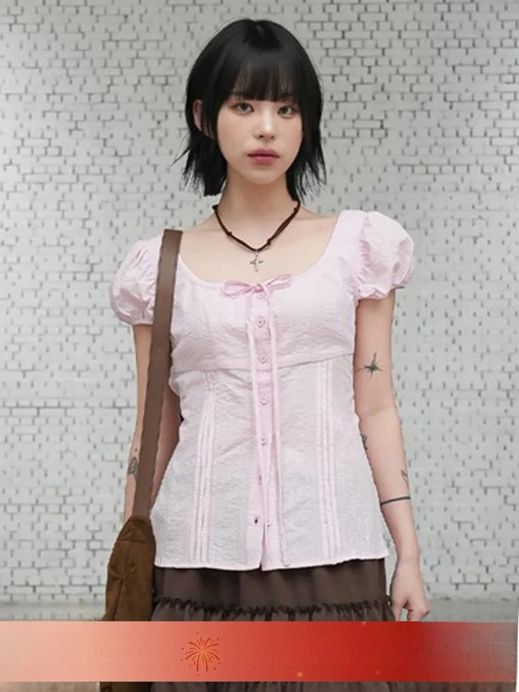 

Amyway Sweet Pure Desire Knot Bubble Sve Waist Cinched Tie Girl Feel T irt Women ort Sve U Ne Regular L...