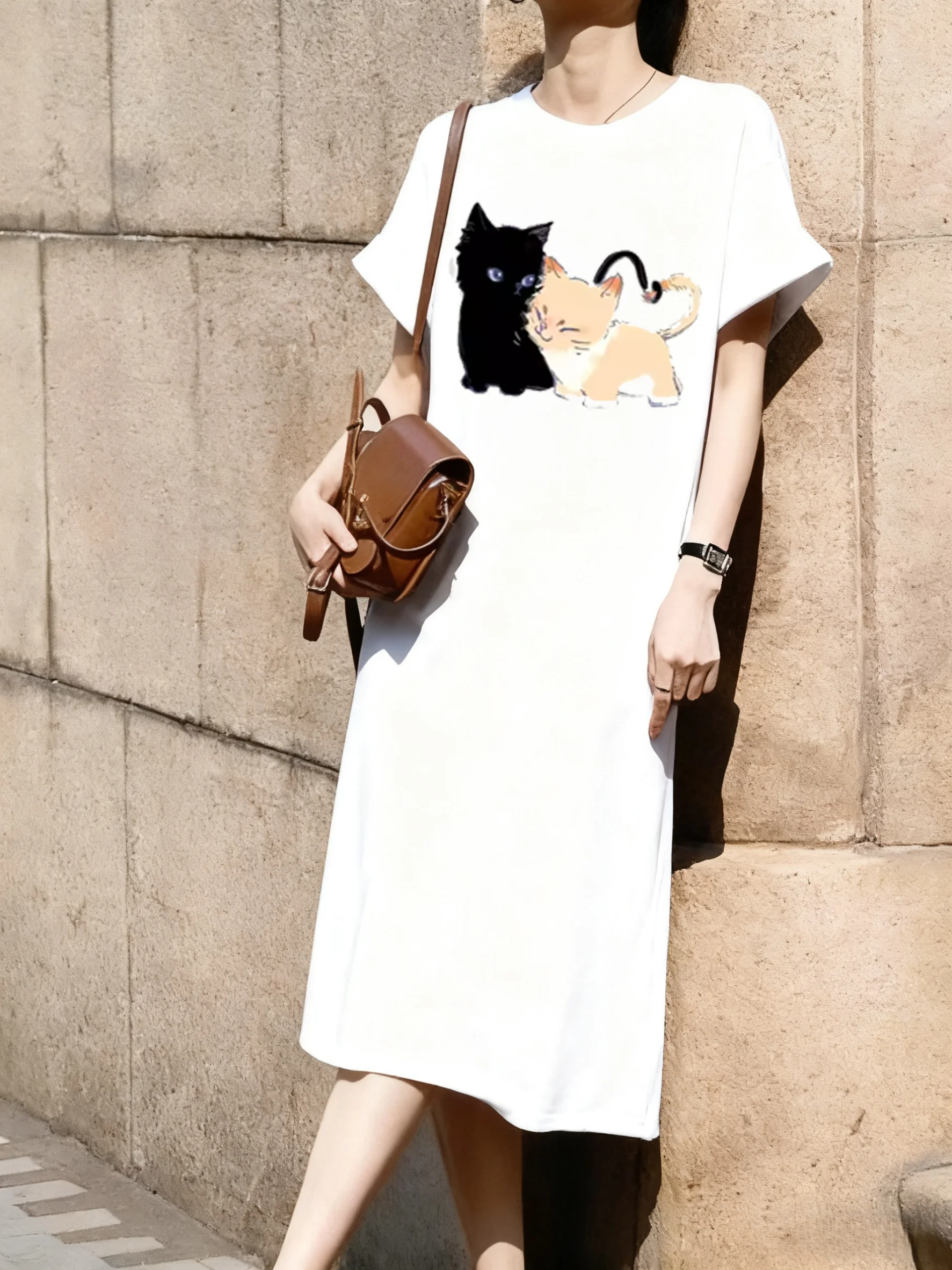 

With Cute Cat Couple Pattern Single-sided Printing Short Sleeved Sport Dress Mid Length Over Knee Dress Leisure Women Long Tees