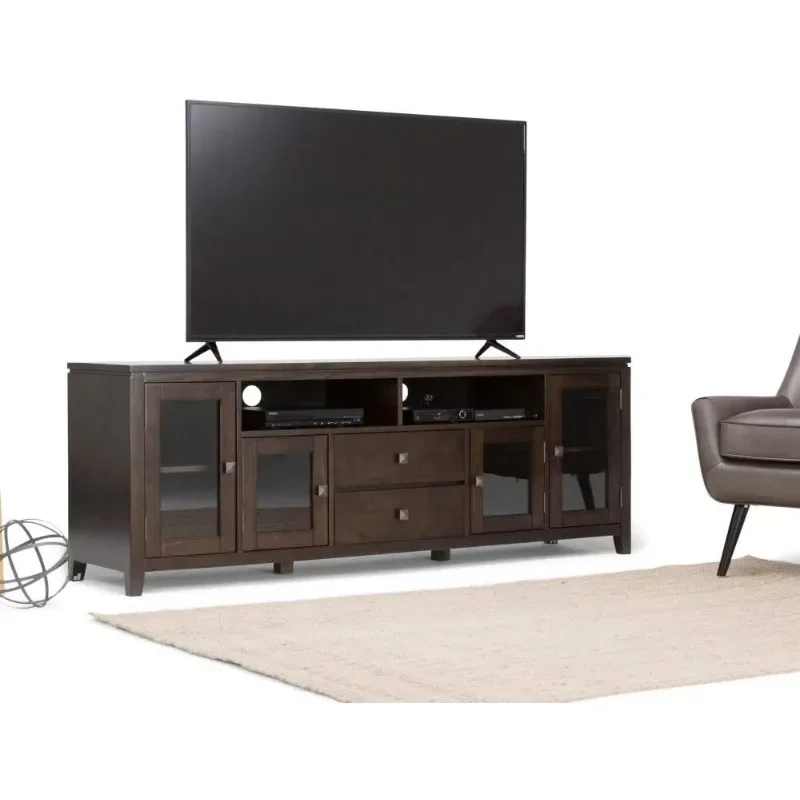 SIMPLIHOME  SOLID WOOD  Wide Universal TV Media Stand Contemporary with Storage Shelves and Cabinets For TVs Living Room